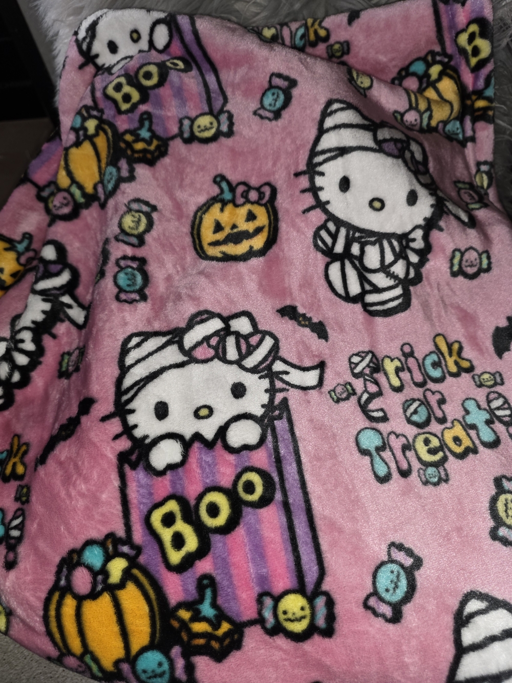 Hello Kitty Pink Halloween Plush Blanket with Trick or Treat Print
